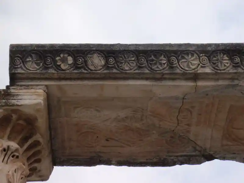 Different solar discs and solar crosses on pillar stone located at the Ancient Church of Mary in Ephesus Izmir. Different solar discs and solar crosses on pillar stone located at the Ancient Church of Mary in Ephesus Izmir.
